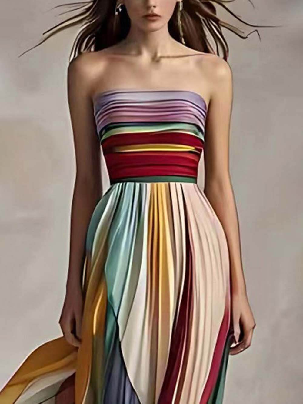 Elegant Striped Printed Off-shoulder Pleated Bandeau Maxi Dress - Riviera London
