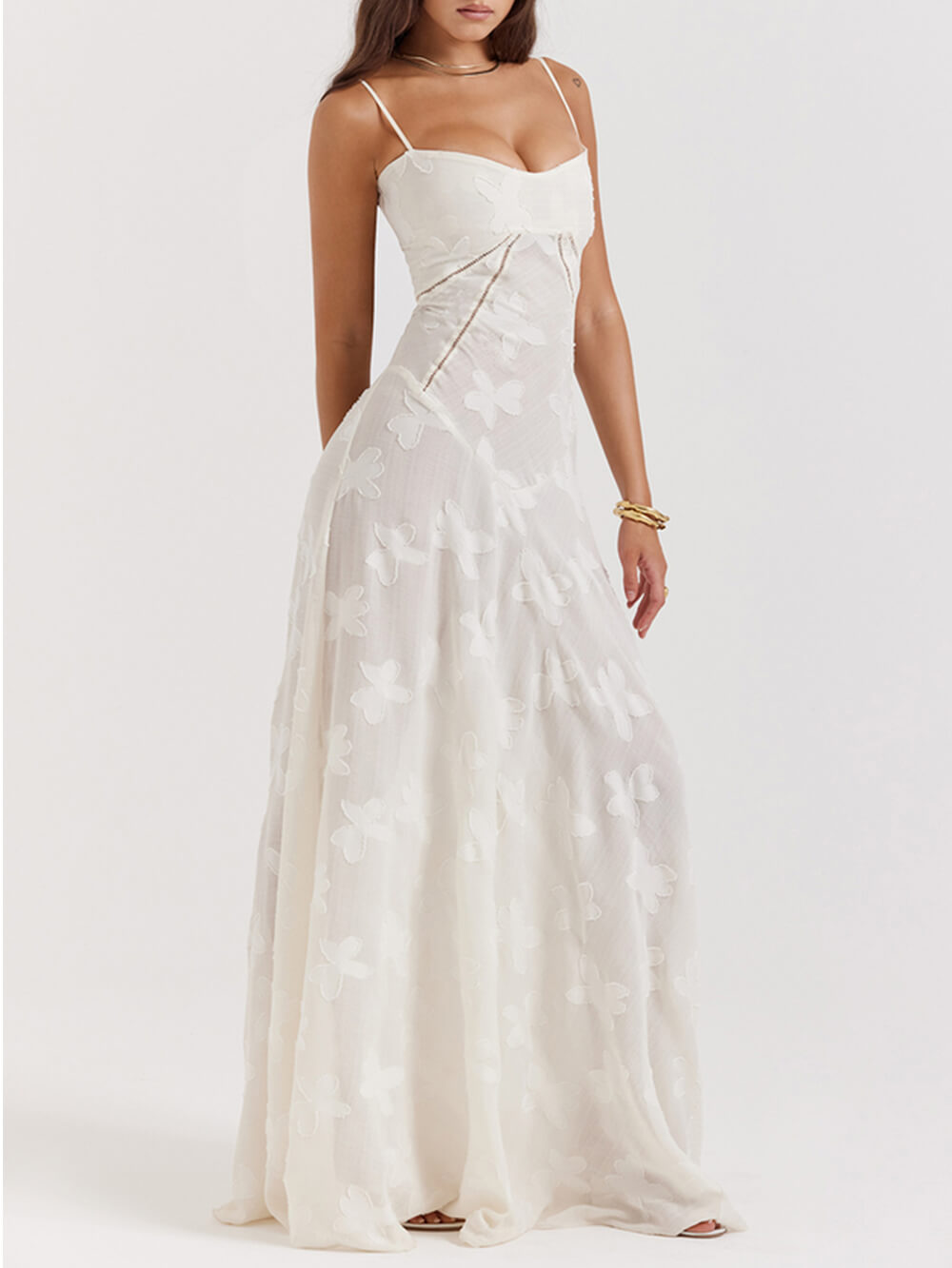 Vintage Cream Floral Lace Back Maxi Dress - Riviera London