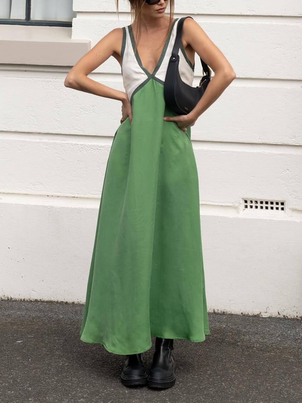 V-neck Contrasting Color Splicing Chic Dress - Riviera London