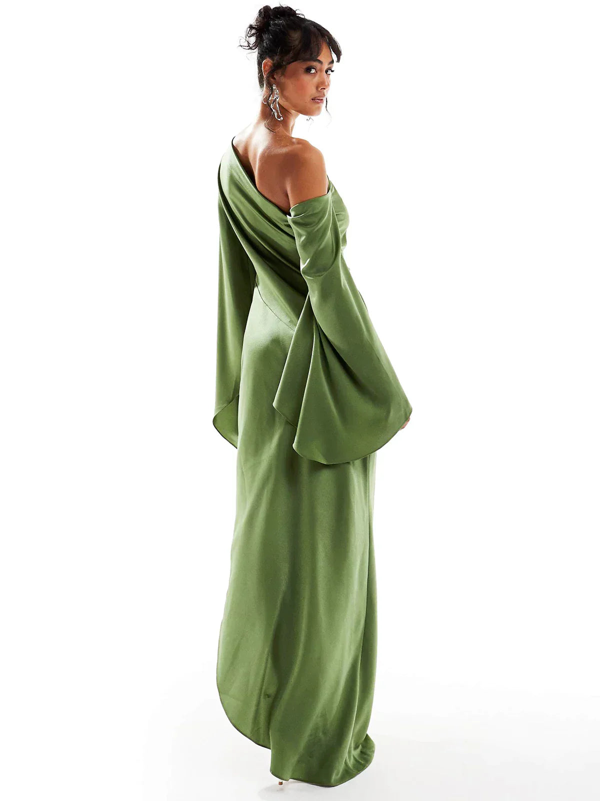 Green Asymmetrical Hem Satin Maxi Dress - Riviera London