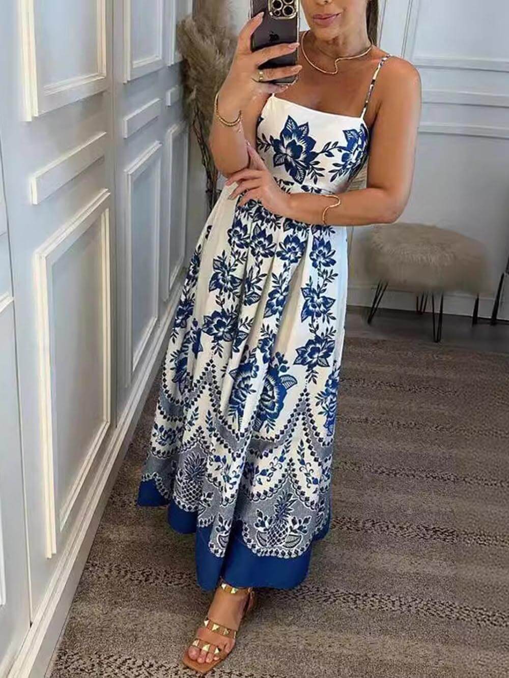 Ethnic Floral Print Back Smocked Loose Midi Dress - Riviera London
