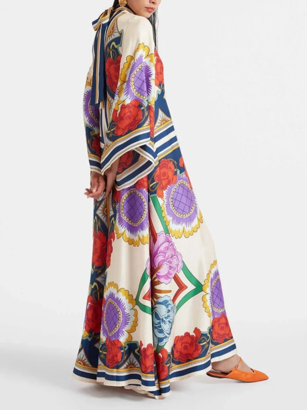 Exquisite Floral Print Draped Waterfall Sleeves Maxi Dress - Riviera London
