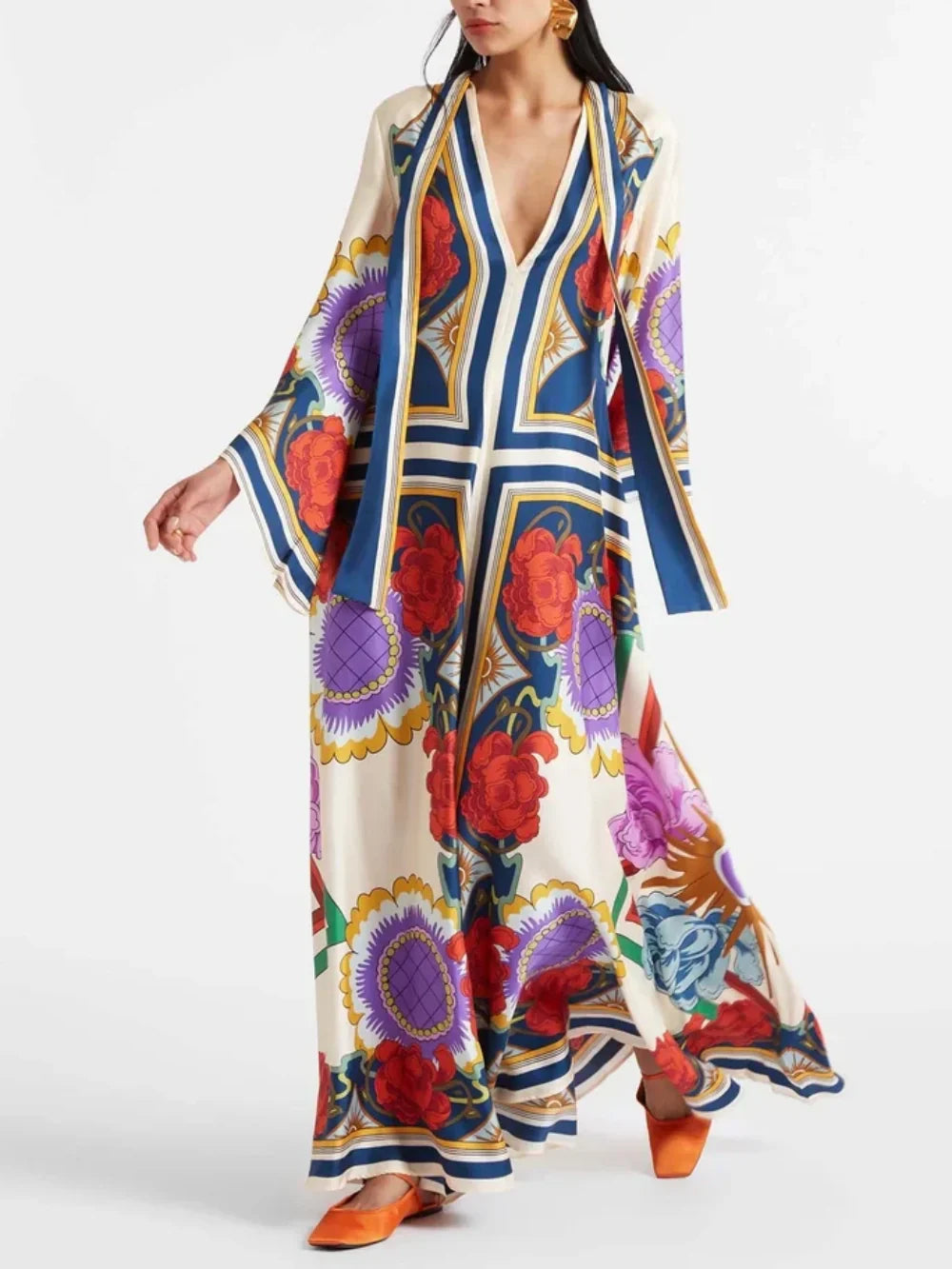 Exquisite Floral Print Draped Waterfall Sleeves Maxi Dress - Riviera London