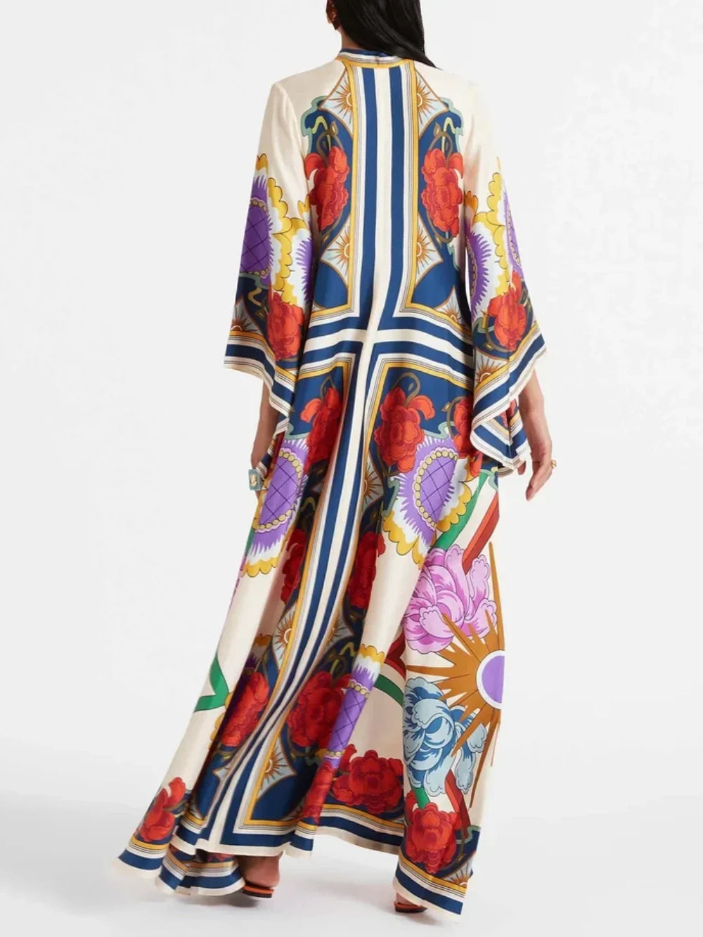 Exquisite Floral Print Draped Waterfall Sleeves Maxi Dress - Riviera London