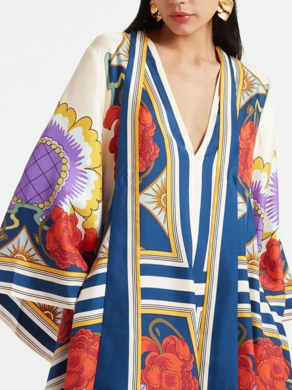Exquisite Floral Print Draped Waterfall Sleeves Maxi Dress - Riviera London