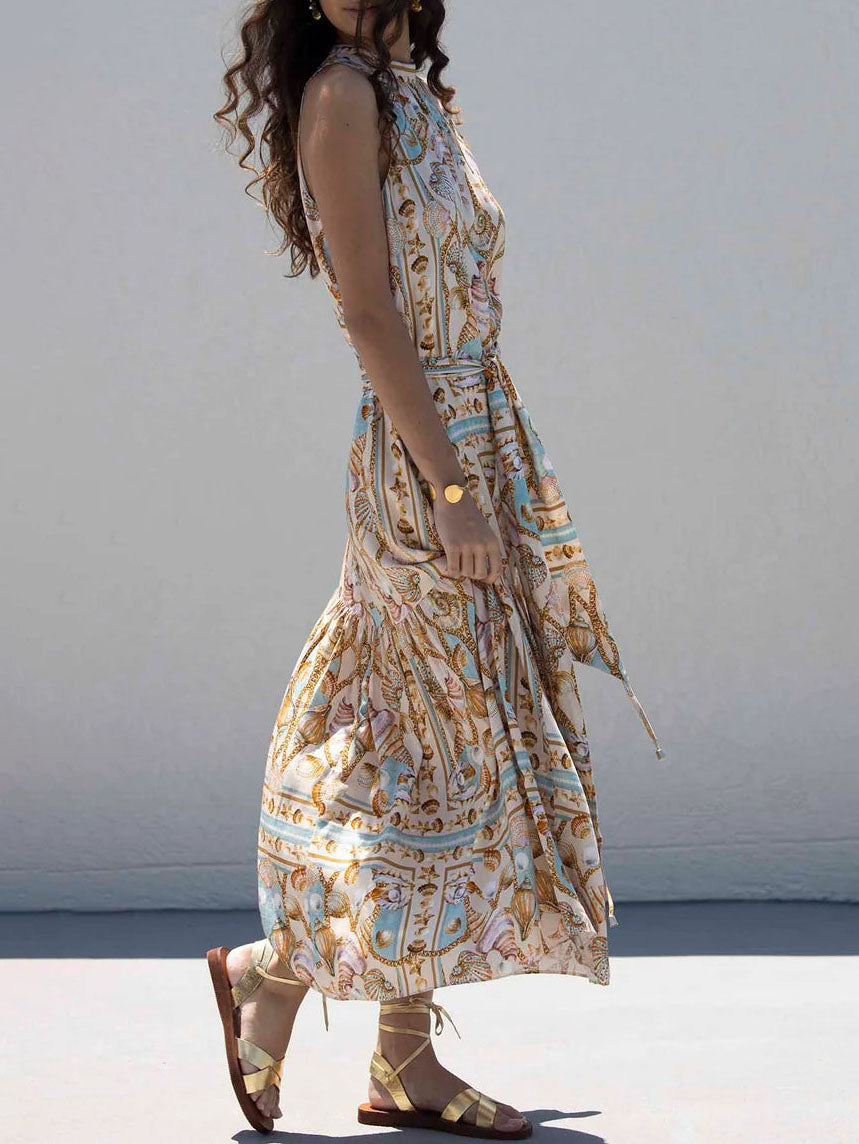 Exquisite Satin Ocean Treasure Print Maxi Dress - Riviera London