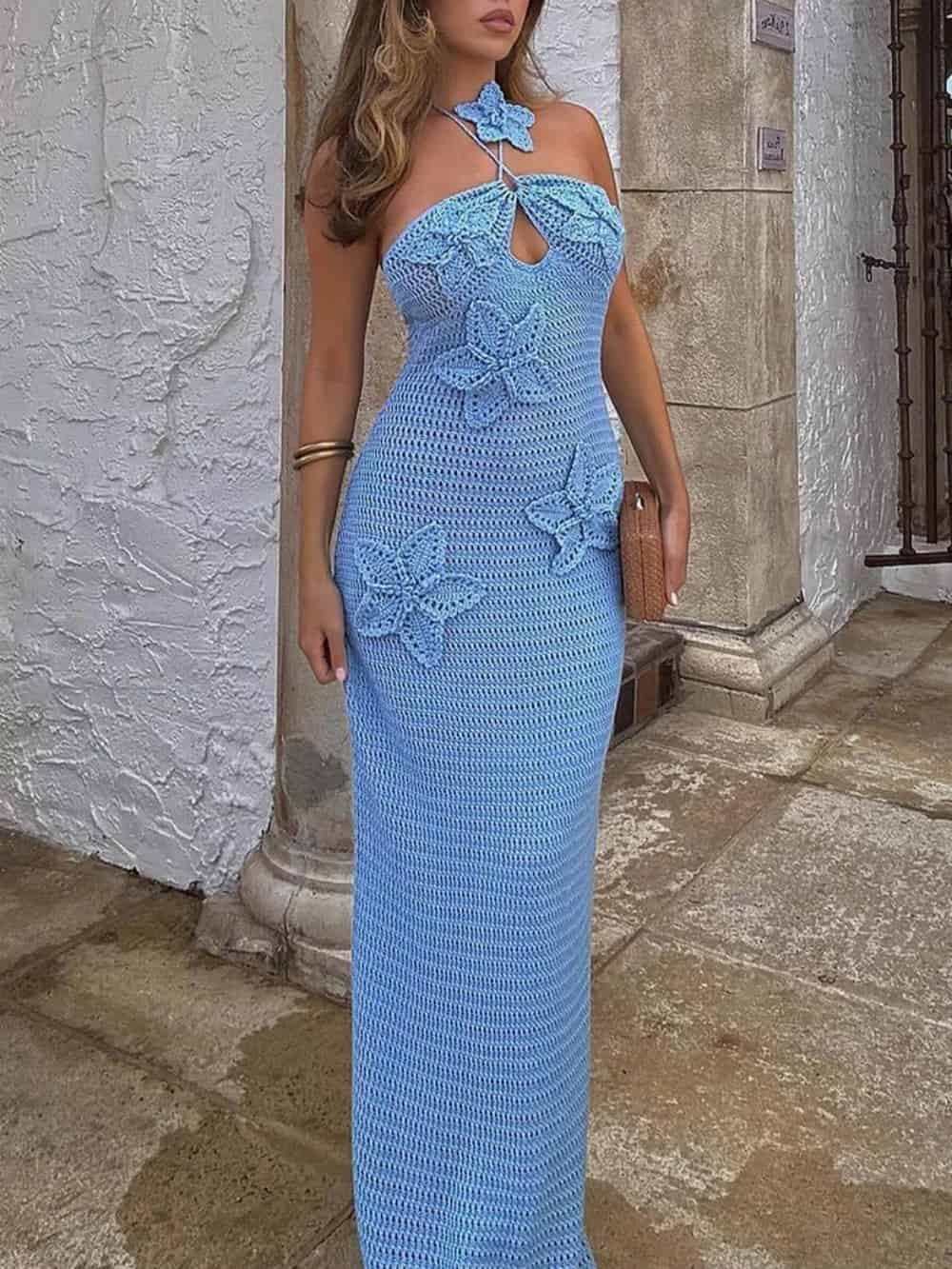 3D Flower Decor Halter Neck Bodycon Crochet Maxi Dresses - Riviera London
