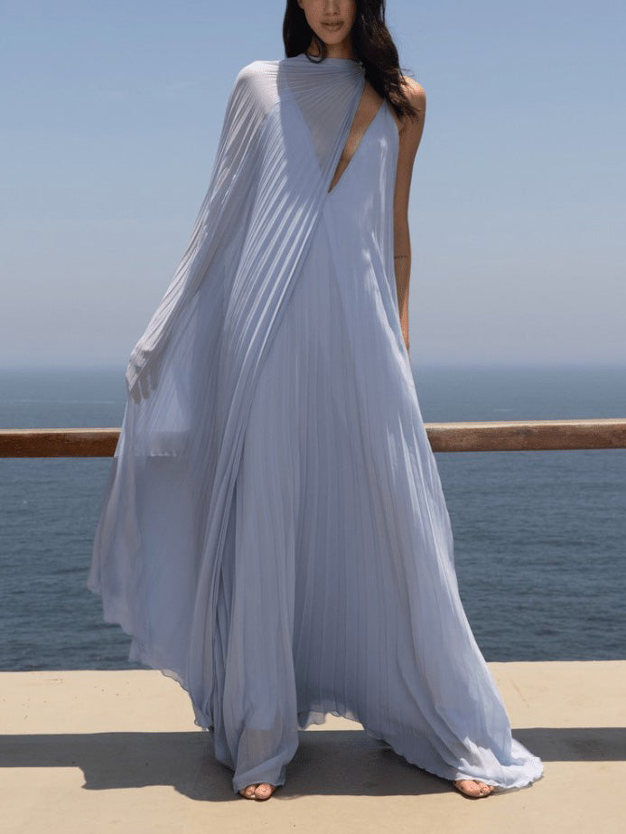 Elegant V-neck Pleated Flowy Maxi Dress - Riviera London