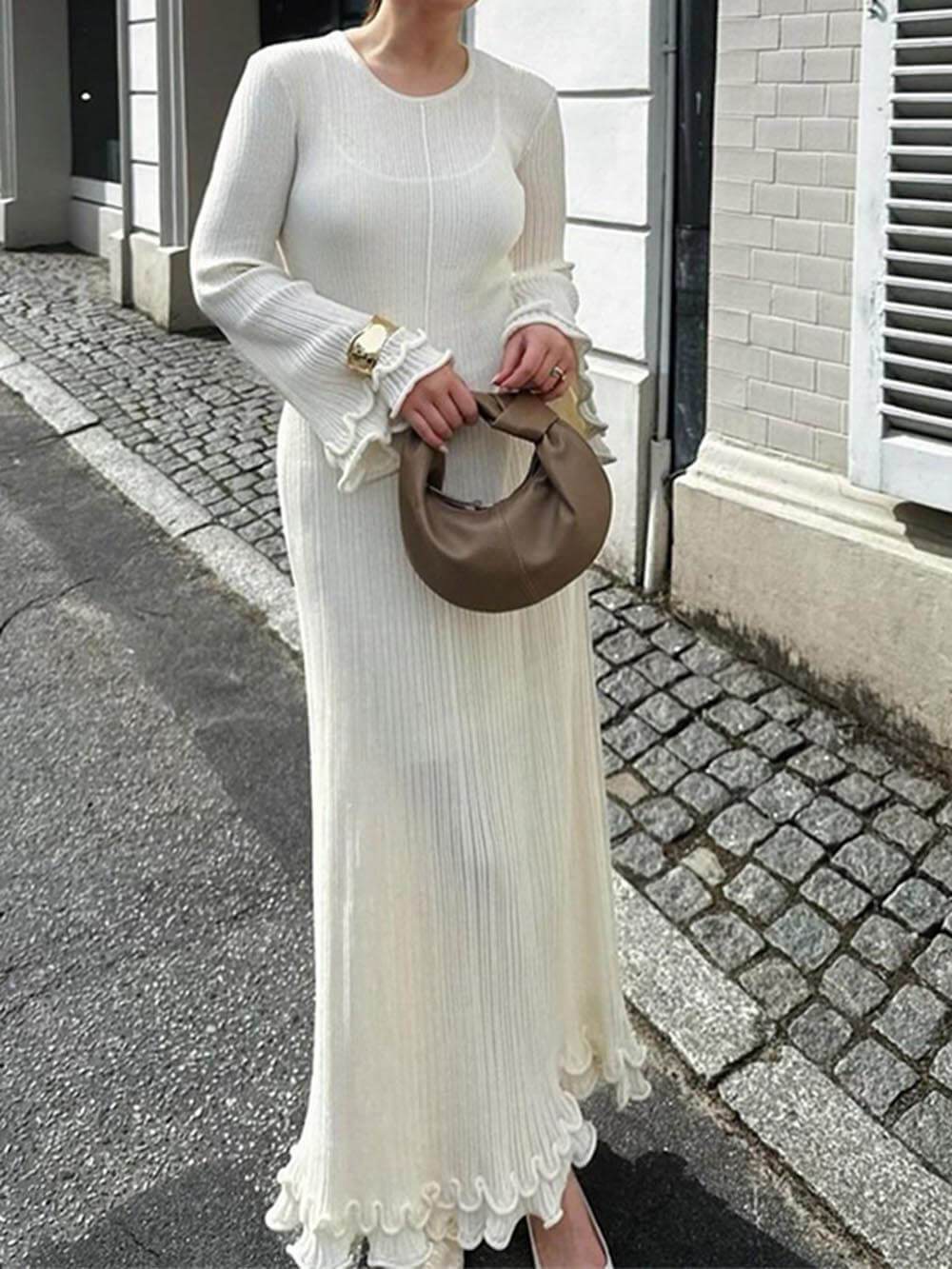 Elegant Trumpet Sleeves Rolled Hem Knitted Round Neck Maxi Dress - Riviera London