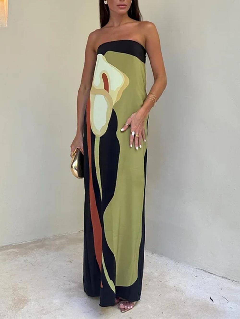 Off Shoulder Fashion Contrast Sleeveless Printed Maxi Dress - Riviera London