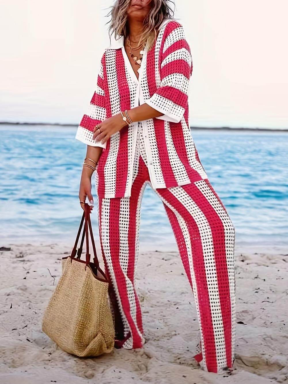 Loose V-Neck Fashion Hollow Out Striped Shirt Wide Leg Pants Set - Riviera London