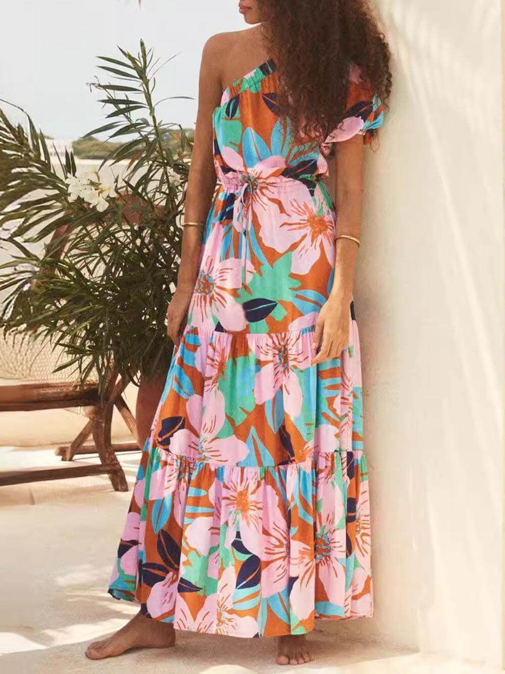 Off-Shoulder Palm Leaf Print Holiday Style Floral Dress - Riviera London