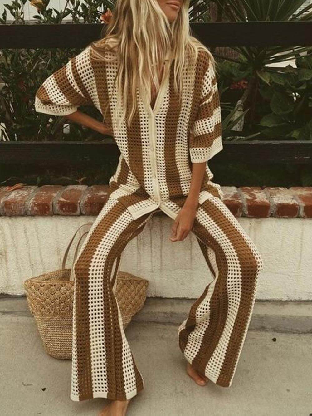 Loose V-Neck Fashion Hollow Out Striped Shirt Wide Leg Pants Set - Riviera London