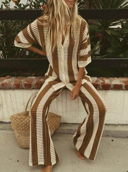 Loose V-Neck Fashion Hollow Out Striped Shirt Wide Leg Pants Set - Riviera London