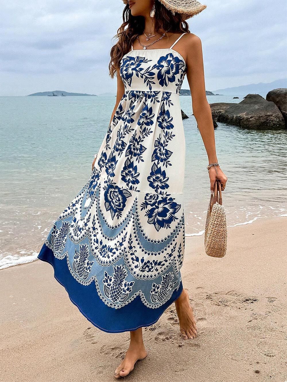 Ethnic Floral Print Back Smocked Loose Midi Dress - Riviera London