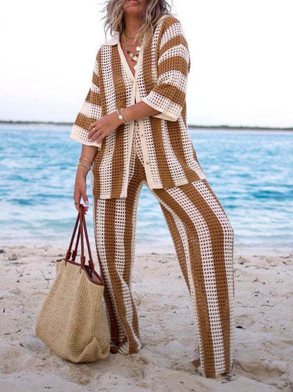 Loose V-Neck Fashion Hollow Out Striped Shirt Wide Leg Pants Set - Riviera London