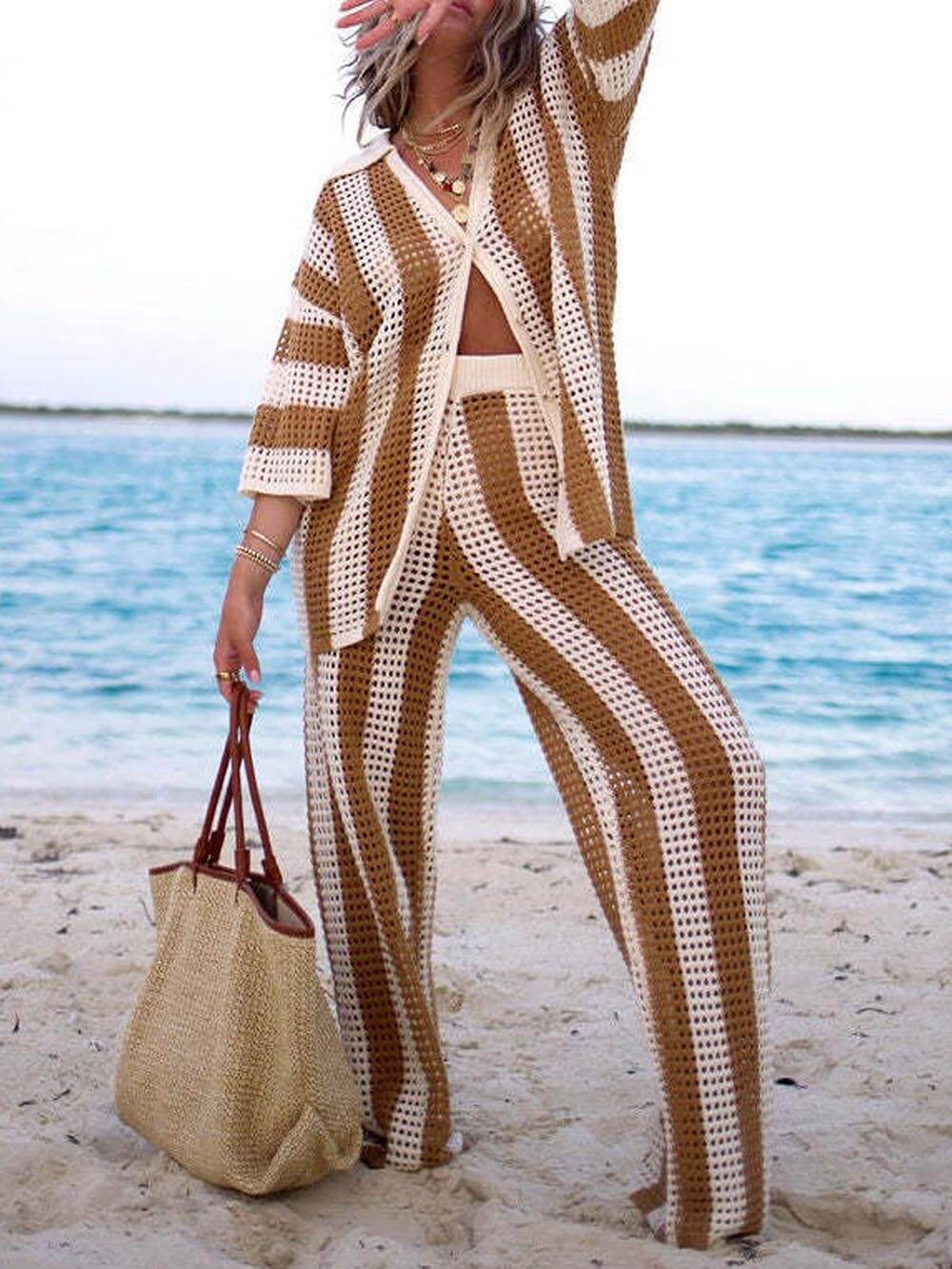 Loose V-Neck Fashion Hollow Out Striped Shirt Wide Leg Pants Set - Riviera London