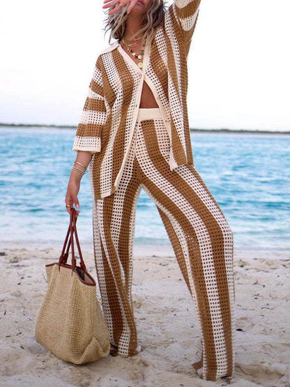 Loose V-Neck Fashion Hollow Out Striped Shirt Wide Leg Pants Set - Riviera London