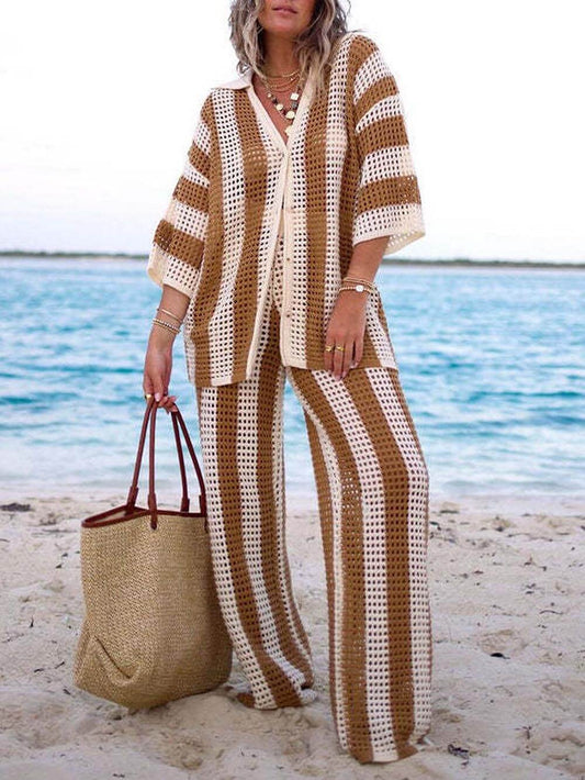 Loose V-Neck Fashion Hollow Out Striped Shirt Wide Leg Pants Set - Riviera London