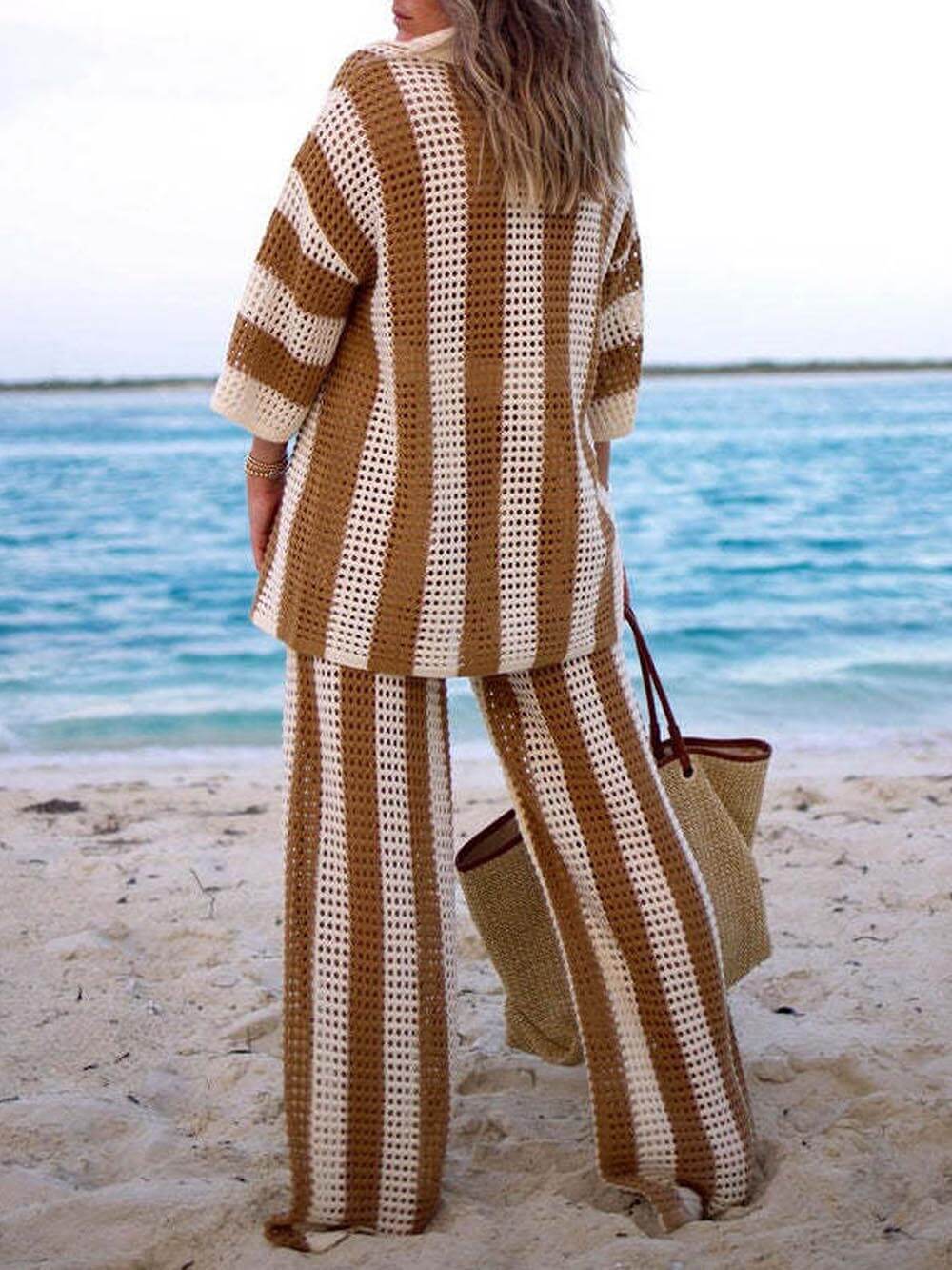 Loose V-Neck Fashion Hollow Out Striped Shirt Wide Leg Pants Set - Riviera London