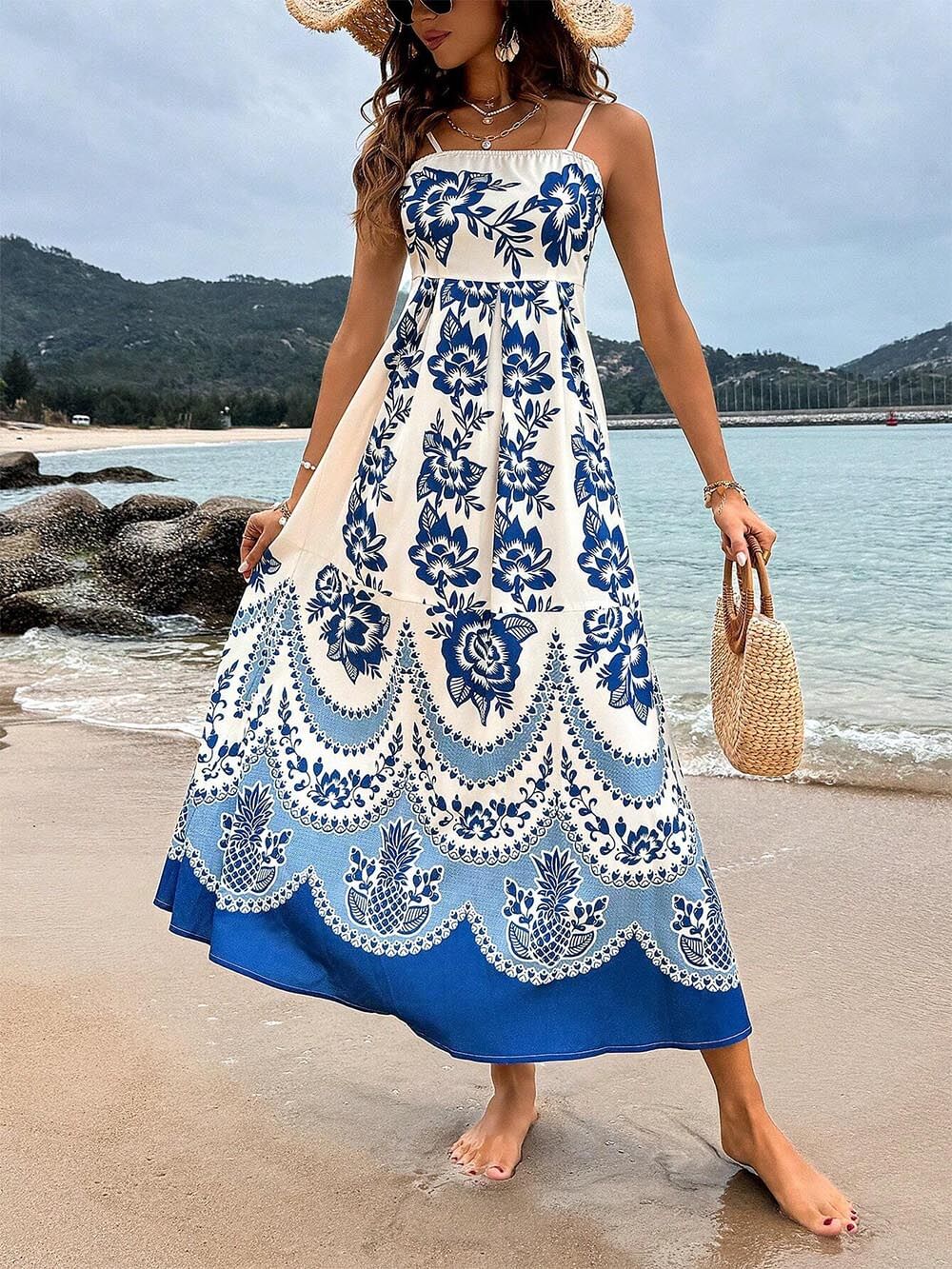 Ethnic Floral Print Back Smocked Loose Midi Dress - Riviera London