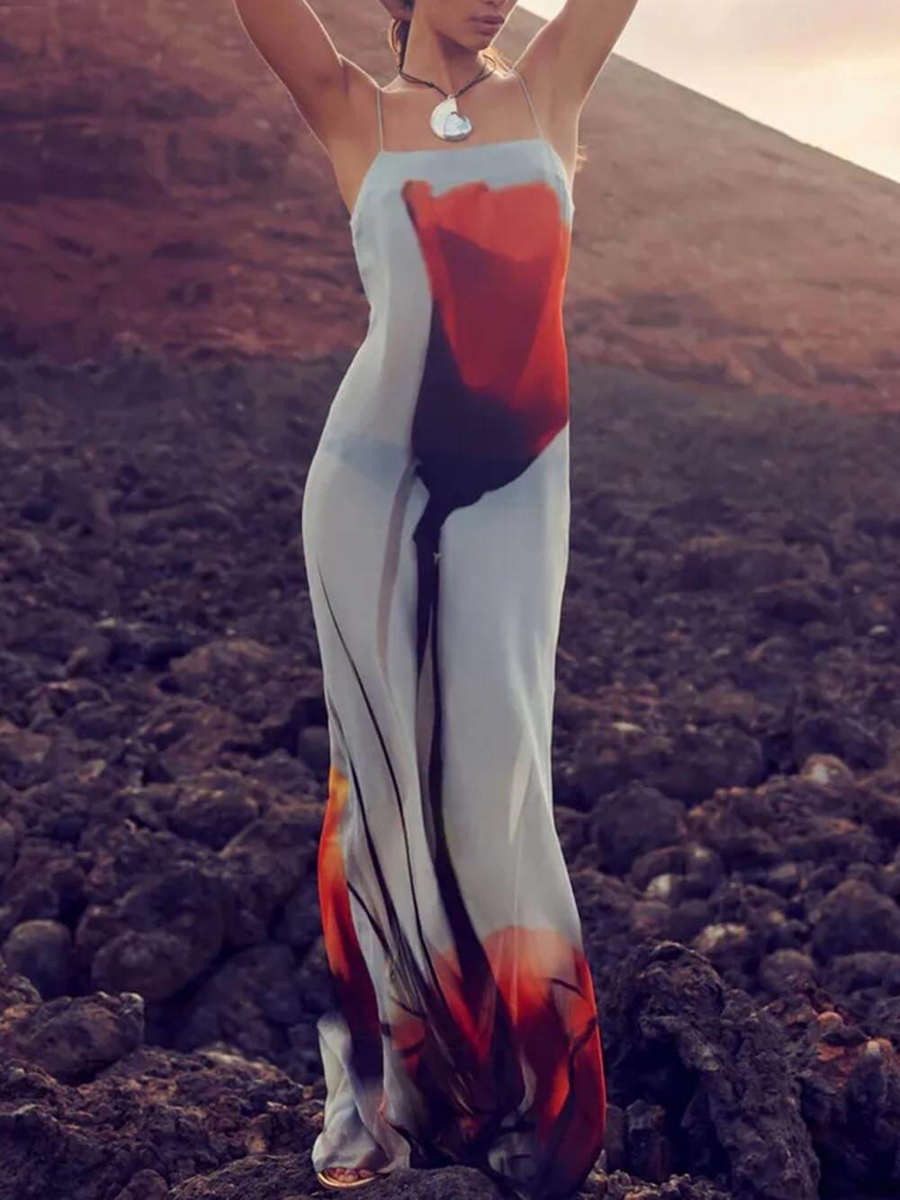 Abstract Tulip Print Vacation Slip H-Line Maxi Dress - Riviera London