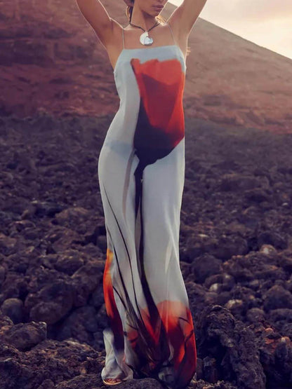 Abstract Tulip Print Vacation Slip H-Line Maxi Dress - Riviera London