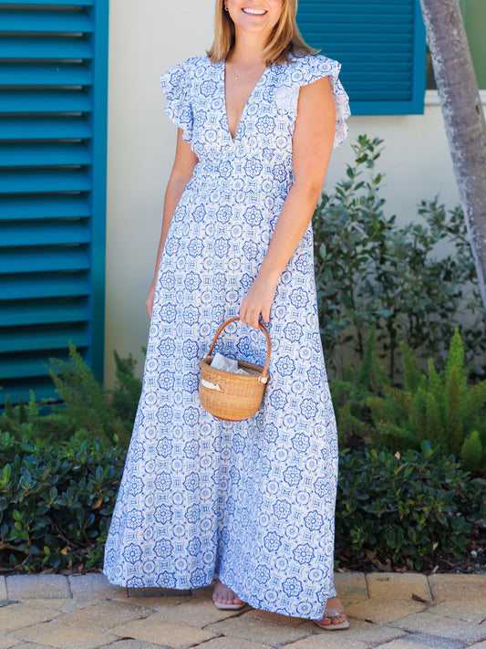 Blue Medallion V-Neck Flutter Sleeve Maxi Dress - Riviera London