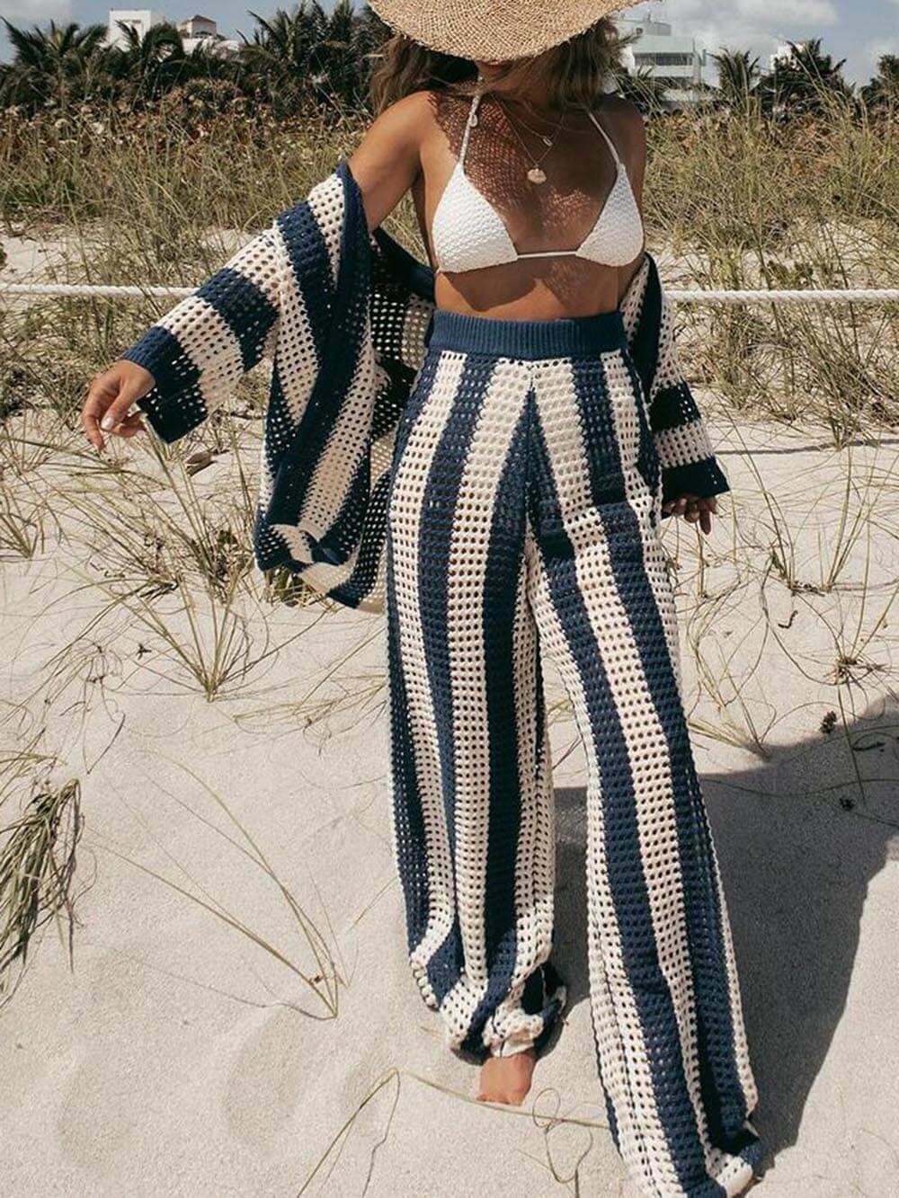 Loose V-Neck Fashion Hollow Out Striped Shirt Wide Leg Pants Set - Riviera London