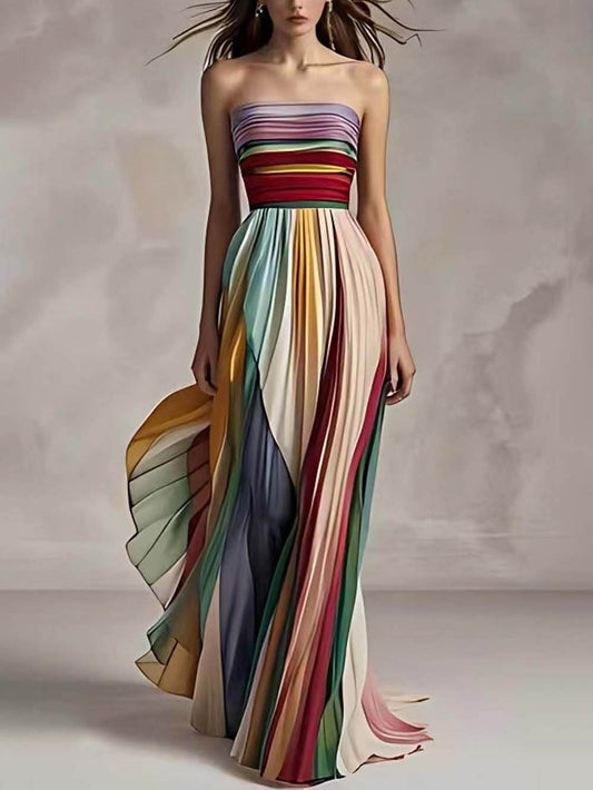Elegant Striped Printed Off-shoulder Pleated Bandeau Maxi Dress - Riviera London