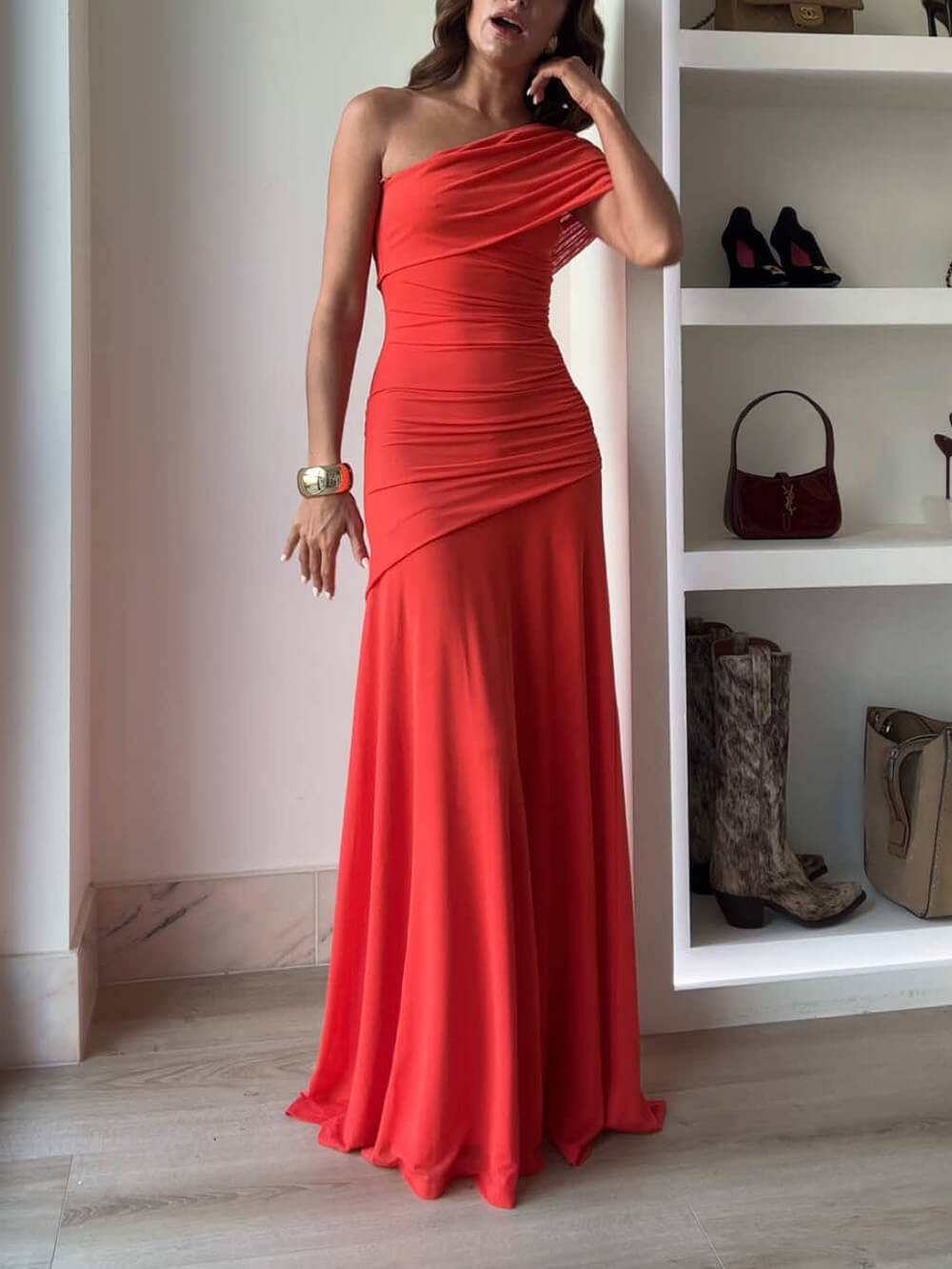 Elegance Effortless  Mesh Off Shoulder Ruched Stretch Maxi Dress - Riviera London