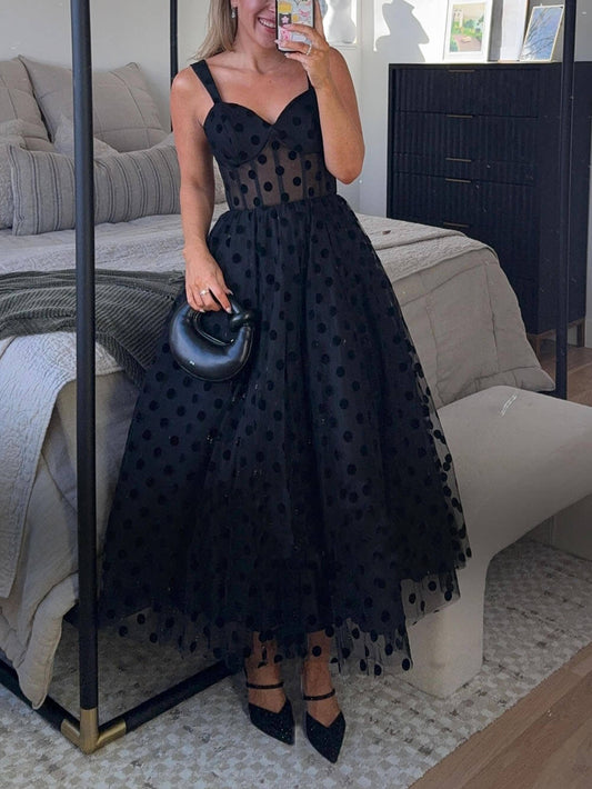 Exquisite Perfect Tulle Polka Dot Sweetheart Bustier A-Line Midi Dress - Riviera London