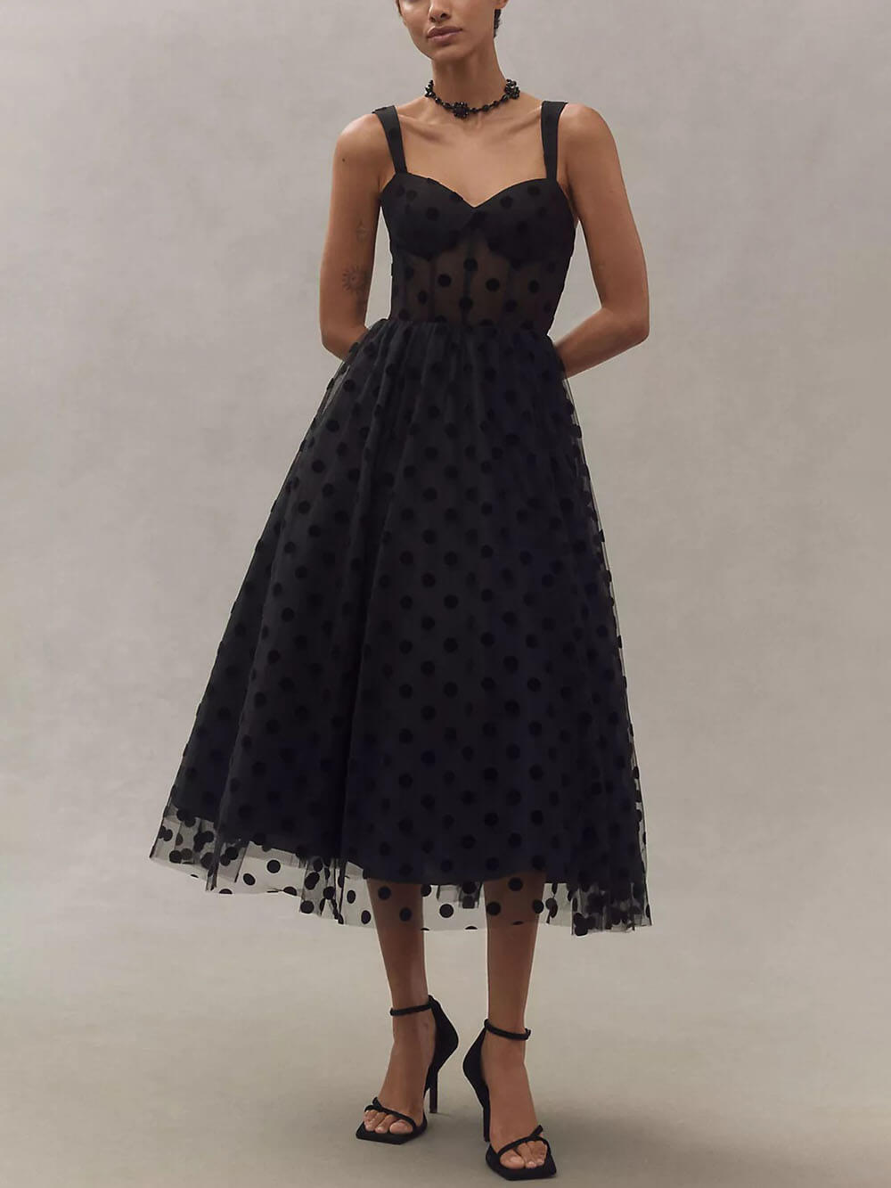 Exquisite Perfect Tulle Polka Dot Sweetheart Bustier A-Line Midi Dress - Riviera London