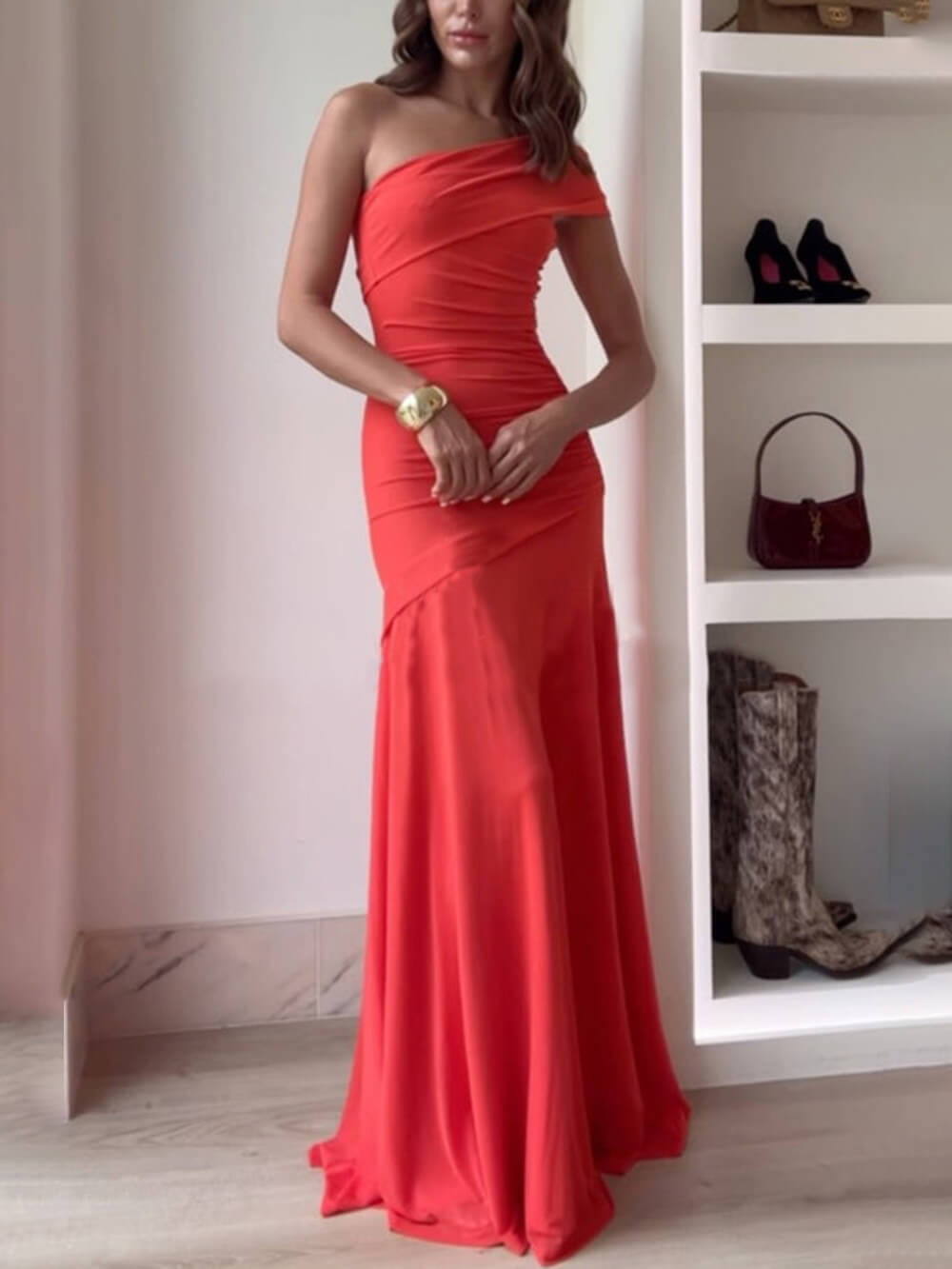 Elegance Effortless  Mesh Off Shoulder Ruched Stretch Maxi Dress - Riviera London