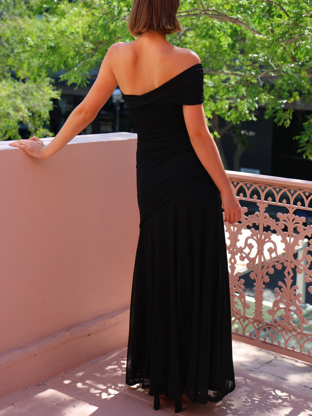 Elegance Effortless  Mesh Off Shoulder Ruched Stretch Maxi Dress - Riviera London