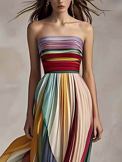 Elegant Striped Printed Off-shoulder Pleated Bandeau Maxi Dress - Riviera London
