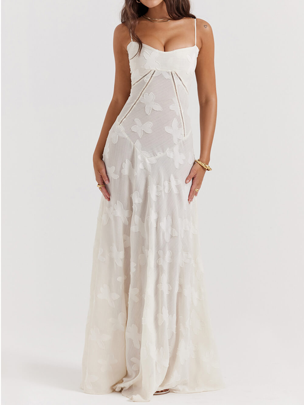 Vintage Cream Floral Lace Back Maxi Dress - Riviera London
