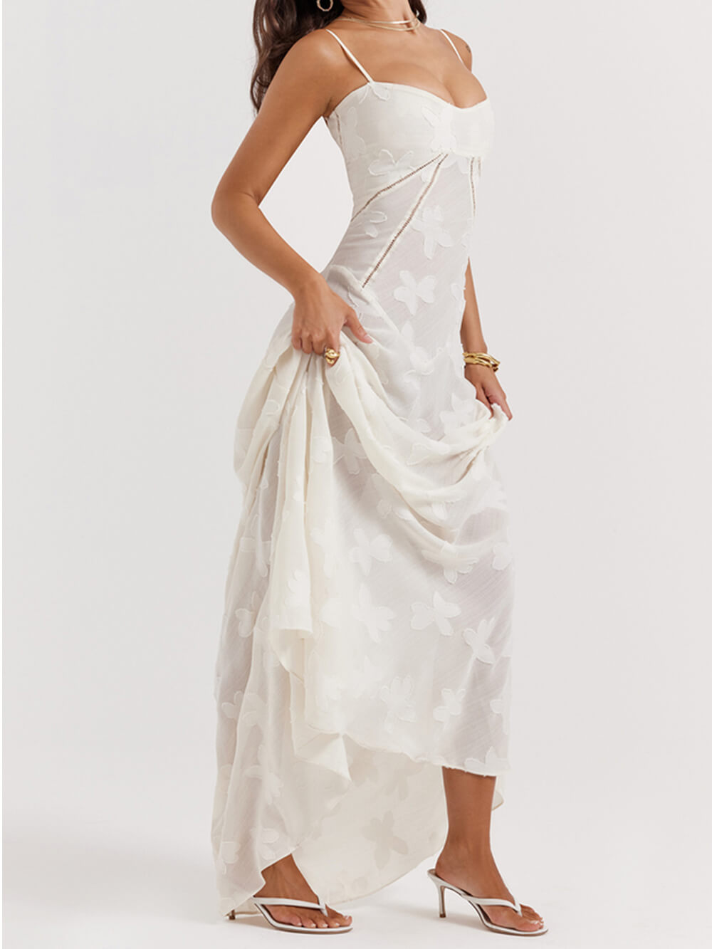 Vintage Cream Floral Lace Back Maxi Dress - Riviera London