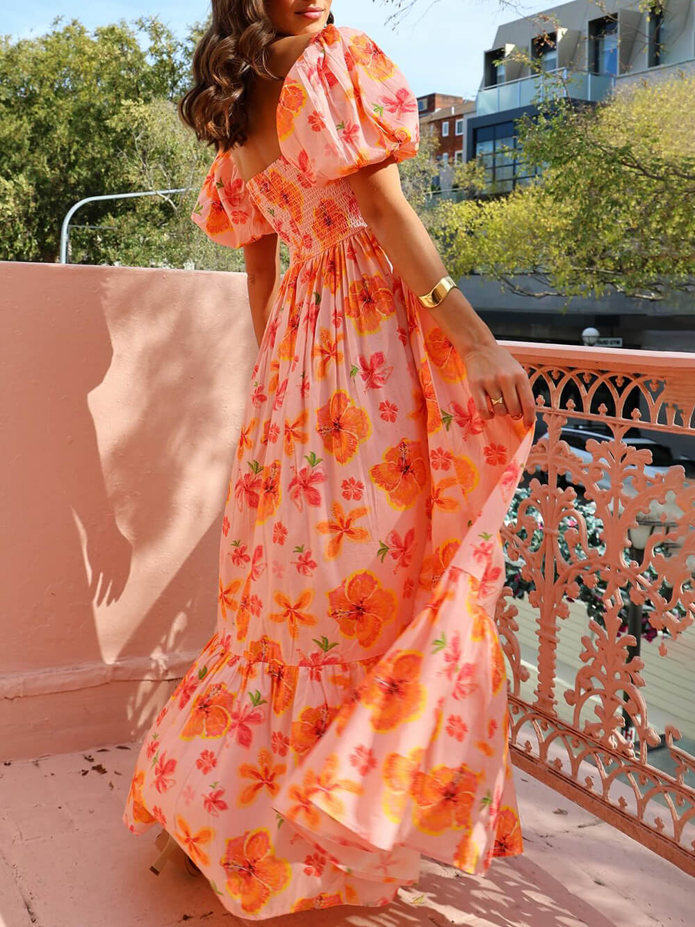 Puff Sleeve Floral Print Back Smocked Pocket Maxi Dress - Riviera London