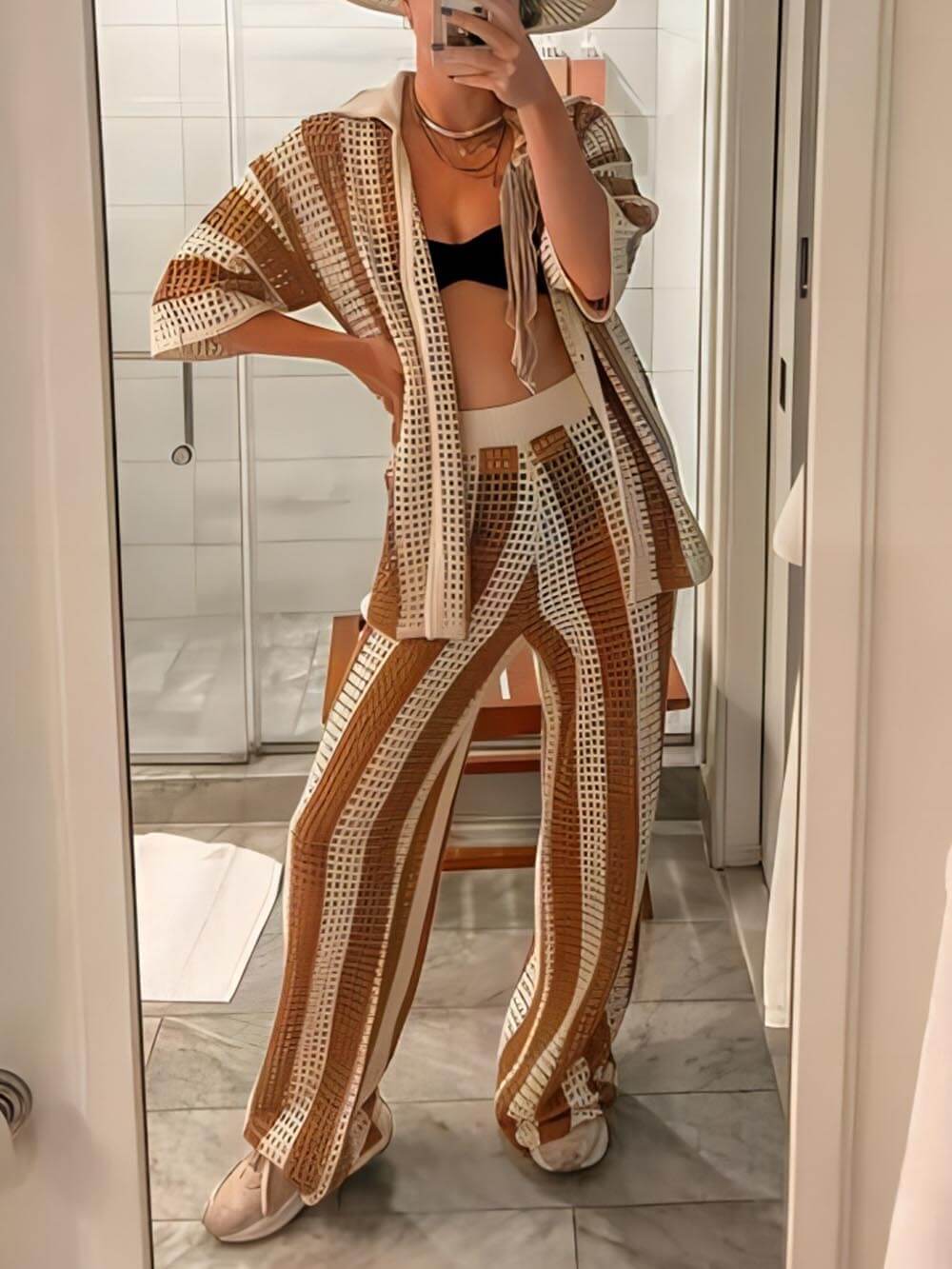 Loose V-Neck Fashion Hollow Out Striped Shirt Wide Leg Pants Set - Riviera London