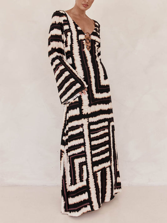 Flattering V-Neckline Unique Printed V Tie Ring Maxi Dress - Riviera London