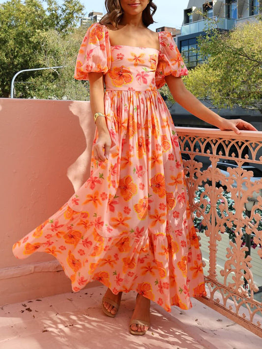 Puff Sleeve Floral Print Back Smocked Pocket Maxi Dress - Riviera London