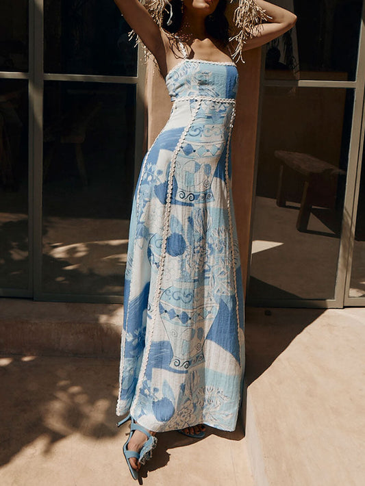 Halter Straps Lace Patchwork Printed Back Tie Halter Flare Maxi Dresses - Riviera London