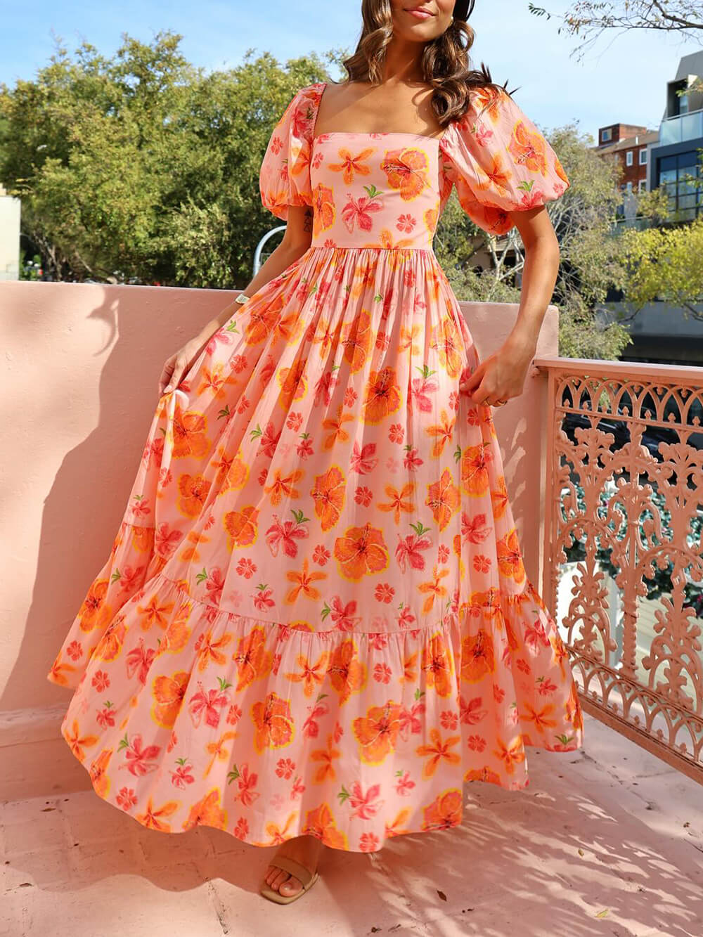 Puff Sleeve Floral Print Back Smocked Pocket Maxi Dress - Riviera London