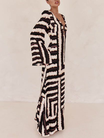 Flattering V-Neckline Unique Printed V Tie Ring Maxi Dress - Riviera London