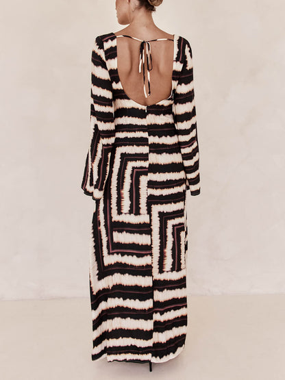 Flattering V-Neckline Unique Printed V Tie Ring Maxi Dress - Riviera London