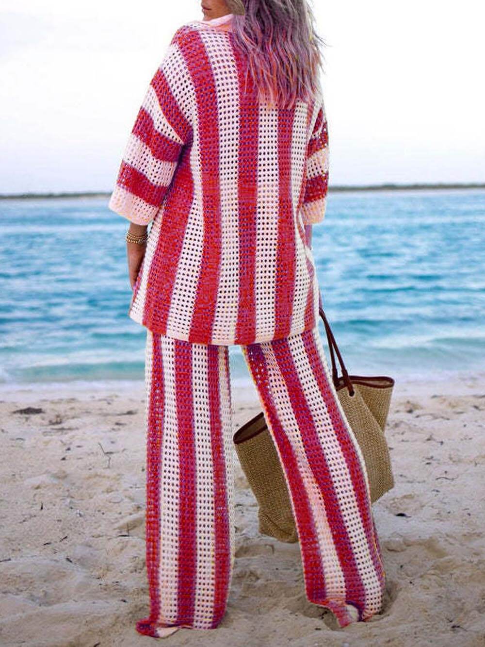 Loose V-Neck Fashion Hollow Out Striped Shirt Wide Leg Pants Set - Riviera London