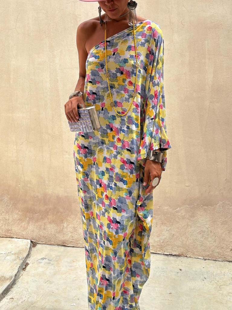 Casual Holiday Ink-dye Print Off-shoulder Maxi Dress - Riviera London