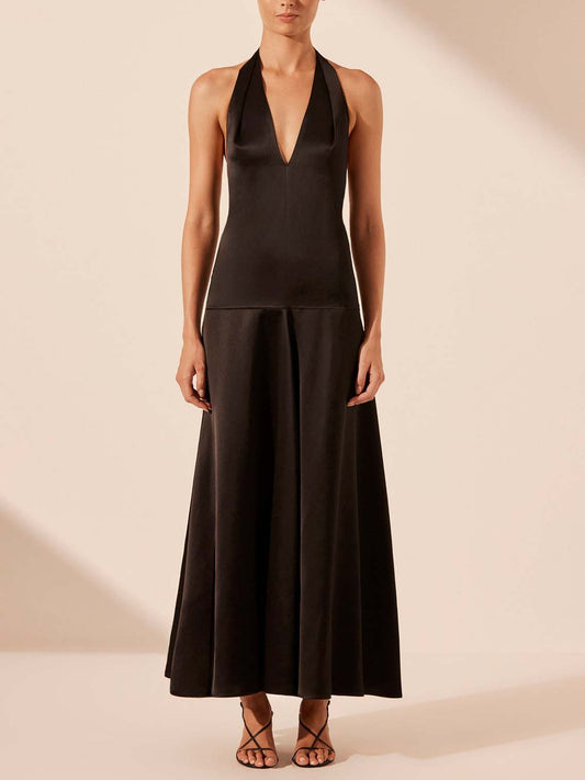 Elegant Deep V Neck Halter Maxi Dress - Riviera London