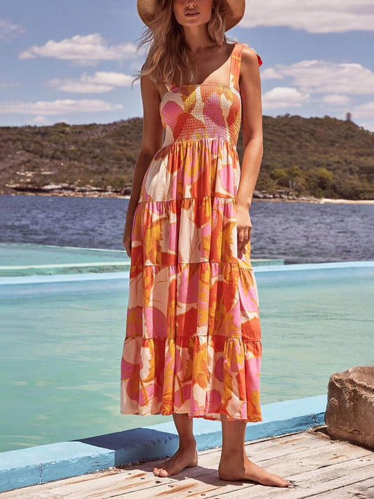 Sleeveless Sea Charm Pleated Stretch Chest Print Cami Dress - Riviera London